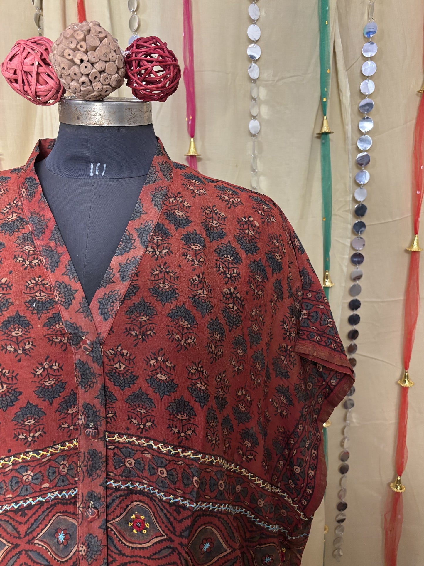 Red Ajrakh Chanderi Shirt Kaftan with Hand Embroidery