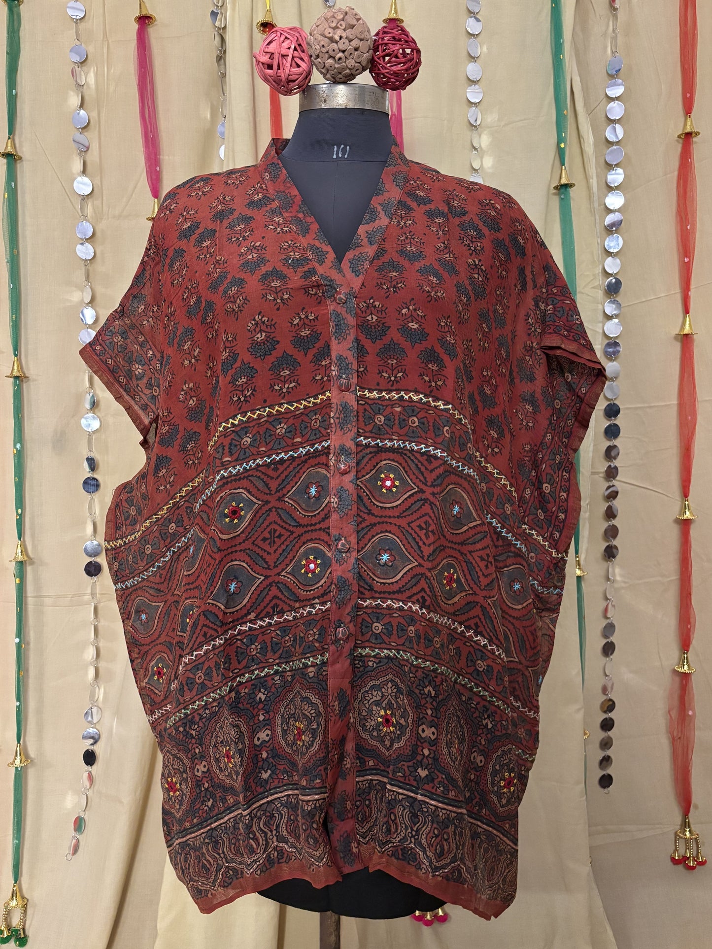 Red Ajrakh Chanderi Shirt Kaftan with Hand Embroidery