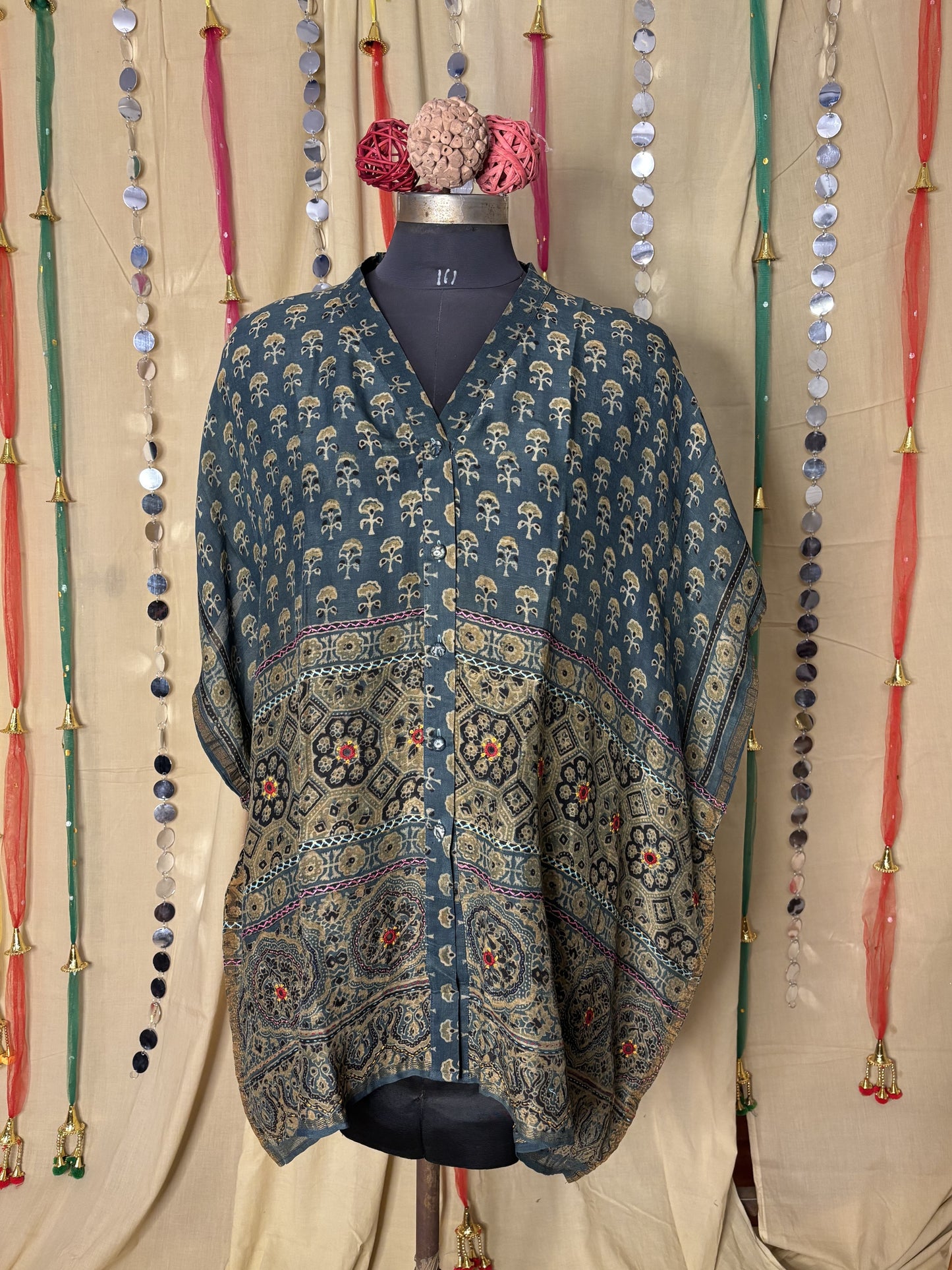 Indigo Green Ajrakh Chanderi Shirt Kaftan with Hand Embroidery