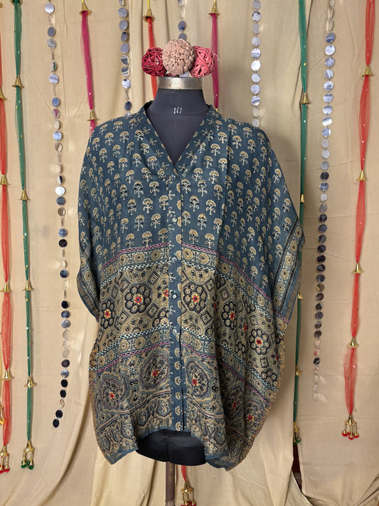 Indigo Green Ajrakh Chanderi Shirt Kaftan with Hand Embroidery