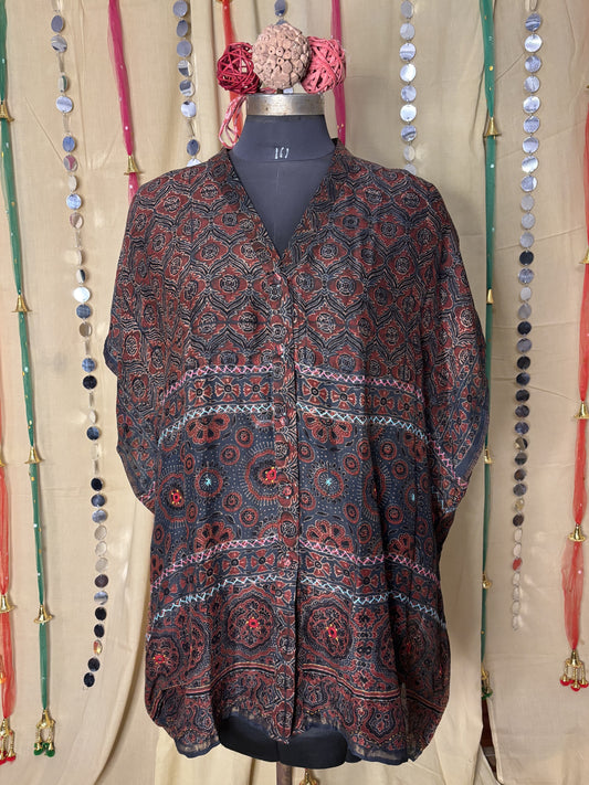 Indigo Red Ajrakh Chanderi Shirt Kaftan with Hand Embroidery