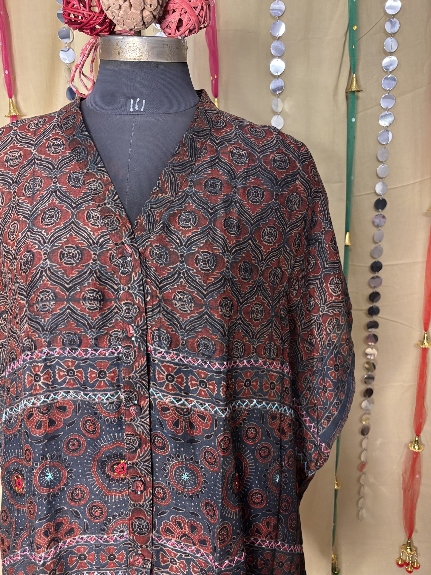 Indigo Red Ajrakh Chanderi Shirt Kaftan with Hand Embroidery