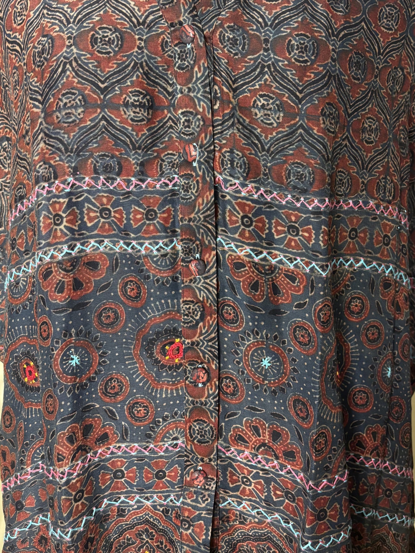 Indigo Red Ajrakh Chanderi Shirt Kaftan with Hand Embroidery