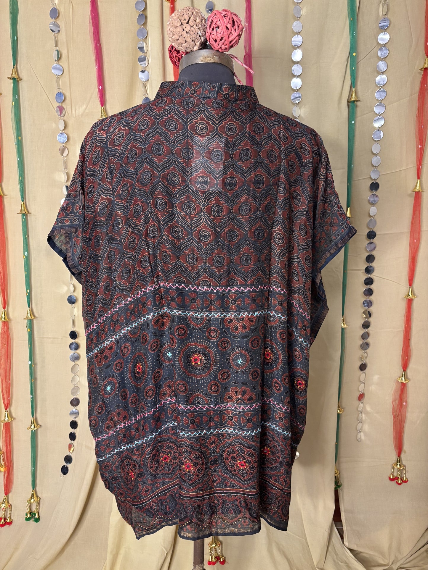 Indigo Red Ajrakh Chanderi Shirt Kaftan with Hand Embroidery