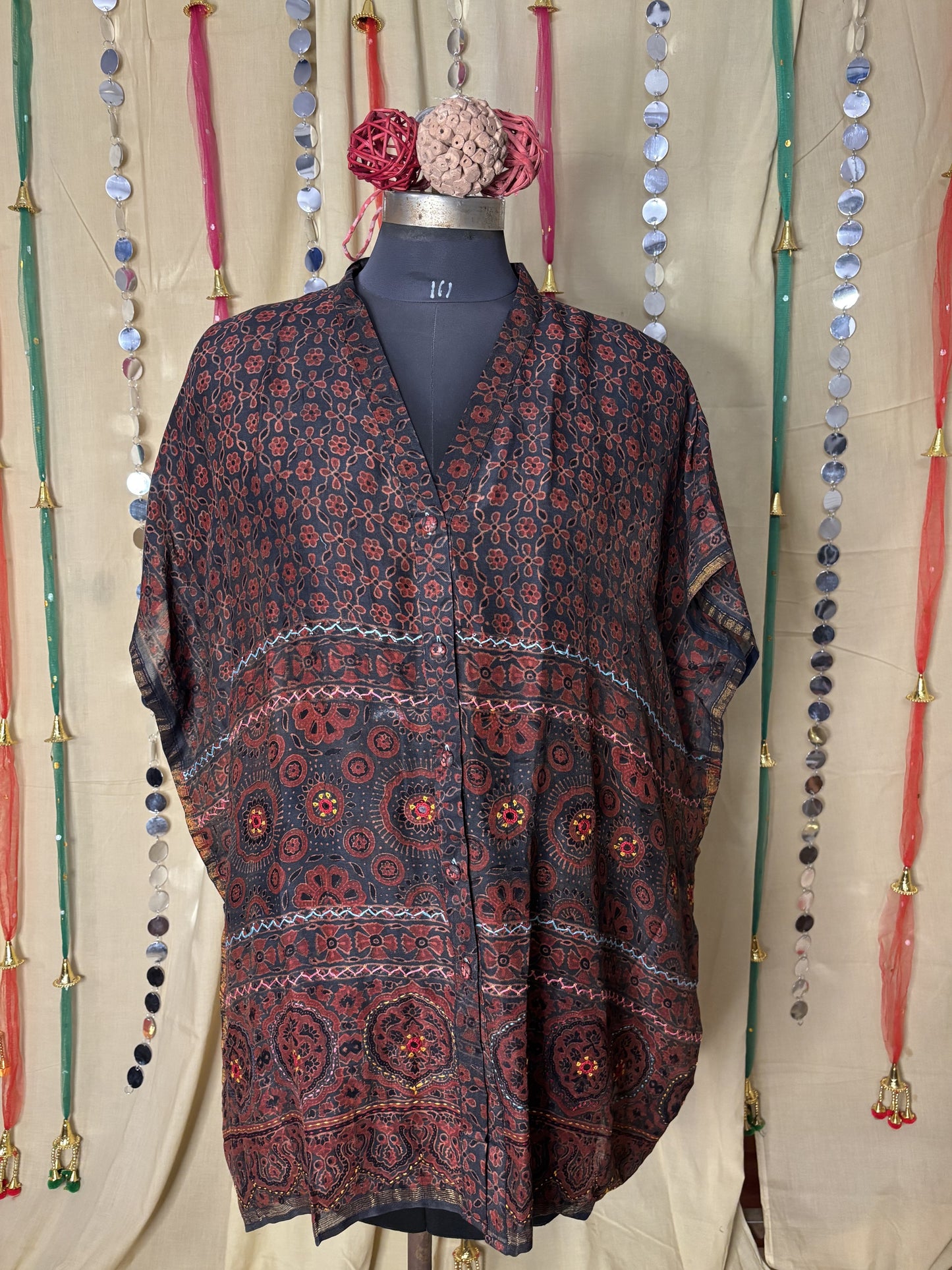 Indigo Red Ajrakh Chanderi Shirt Kaftan with Hand Embroidery