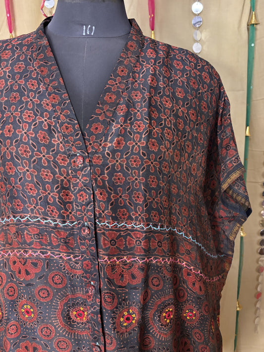 Indigo Red Ajrakh Chanderi Shirt Kaftan with Hand Embroidery