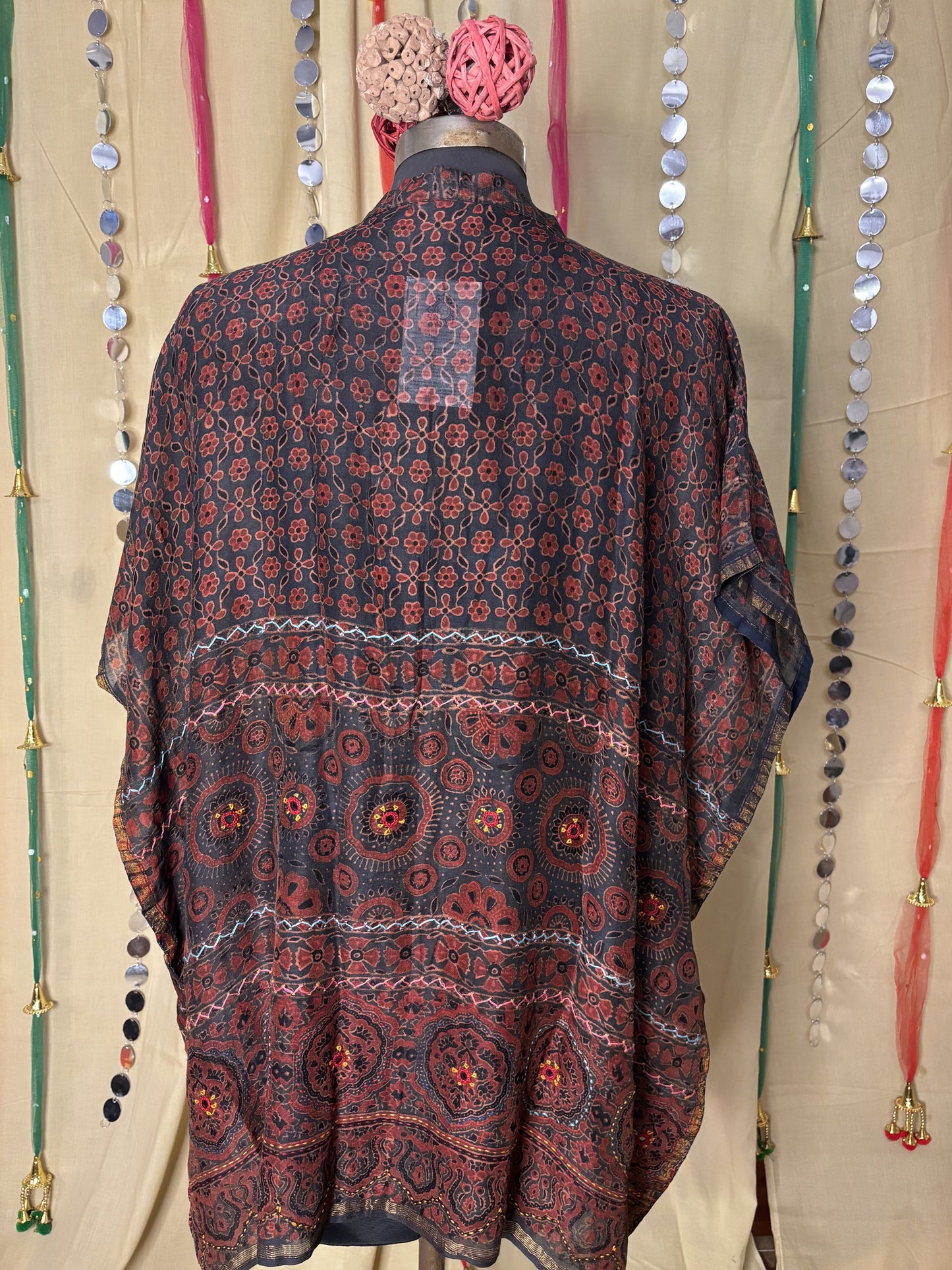 Indigo Red Ajrakh Chanderi Shirt Kaftan with Hand Embroidery