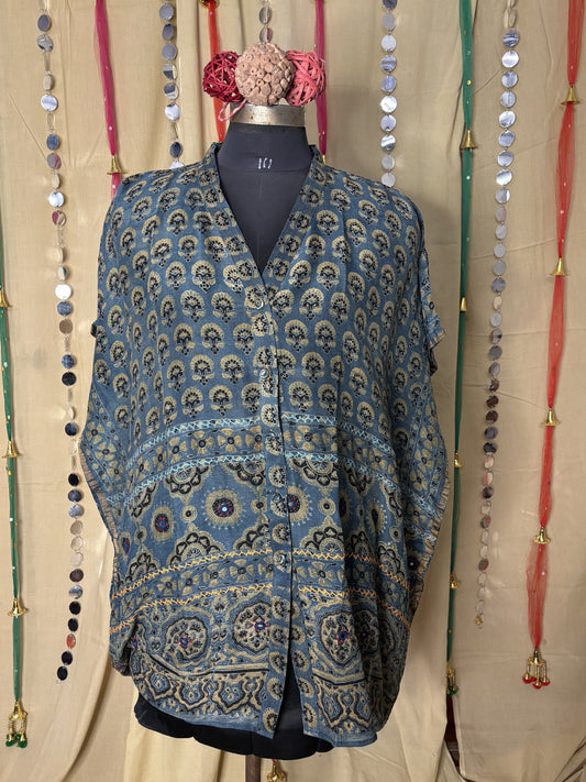 Indigo Green Ajrakh Chanderi Shirt Kaftan with Hand Embroidery