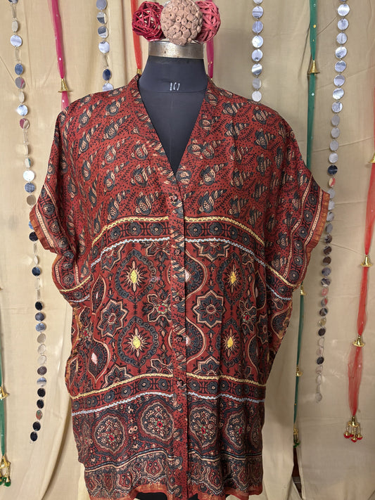 Red Ajrakh Chanderi Shirt Kaftan with Hand Embroidery
