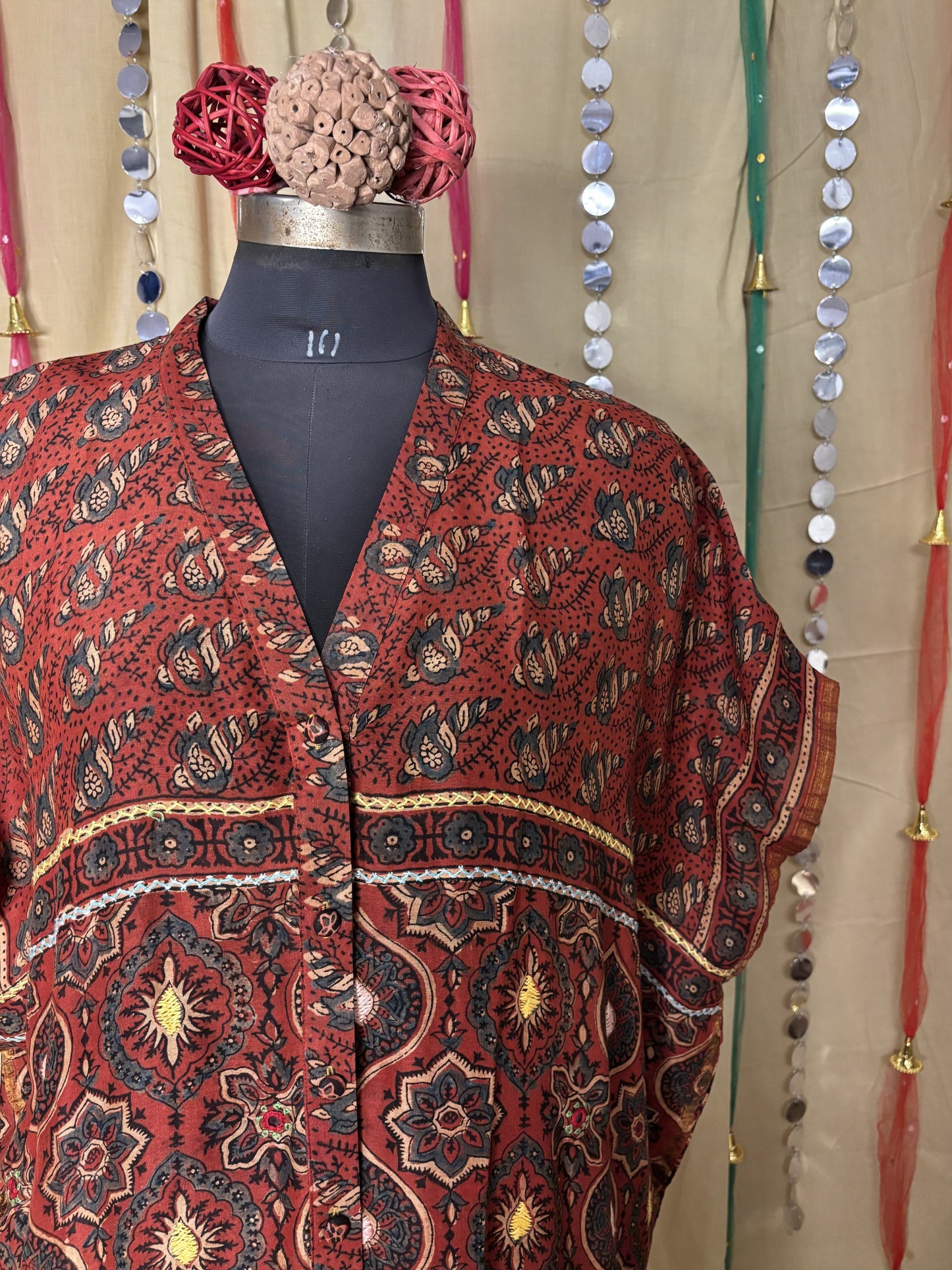 Red Ajrakh Chanderi Shirt Kaftan with Hand Embroidery