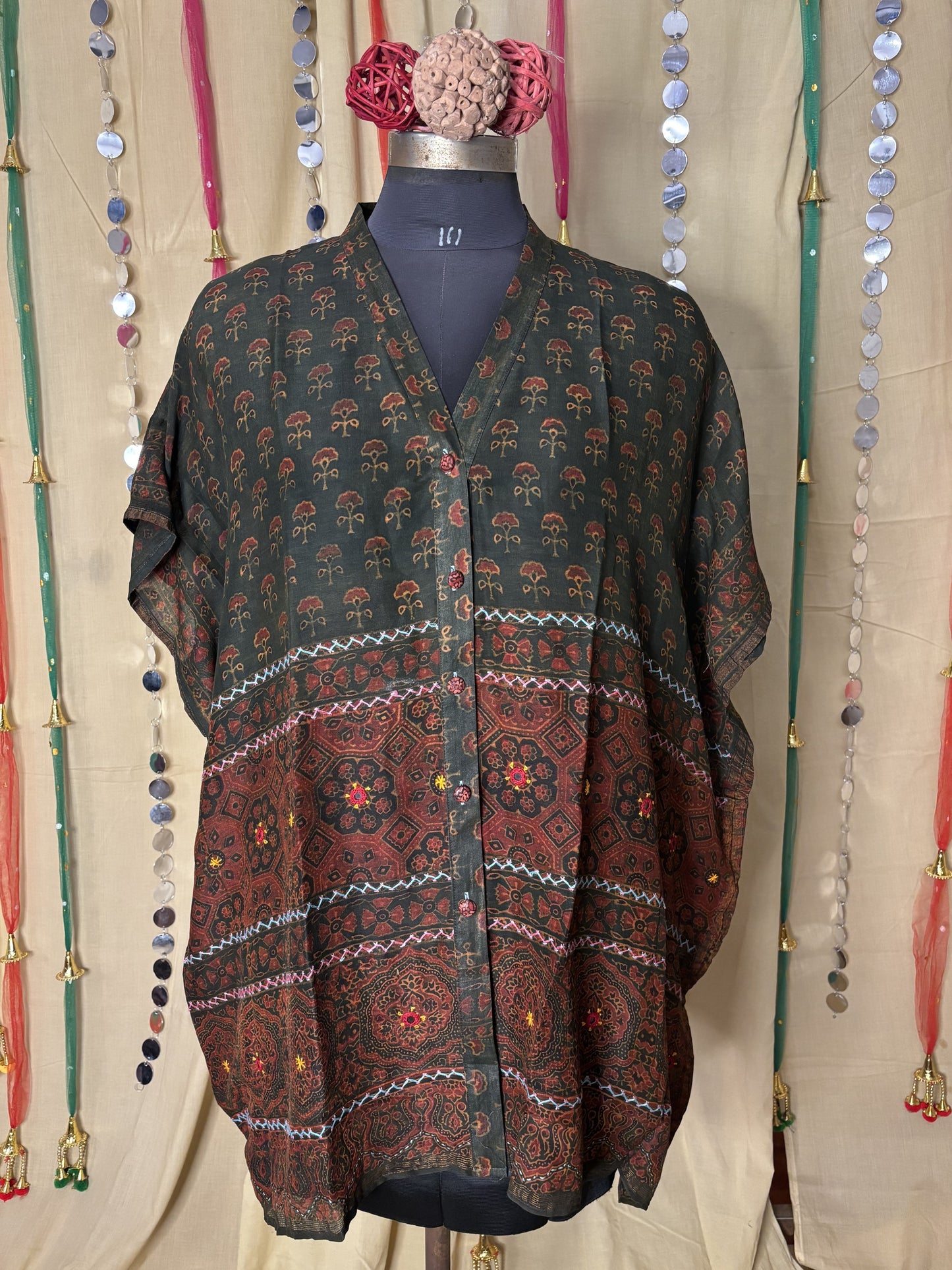 Green Ajrakh Chanderi Shirt Kaftan with Hand Embroidery