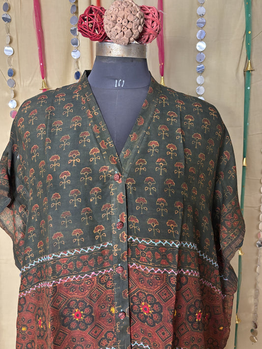 Green Ajrakh Chanderi Shirt Kaftan with Hand Embroidery