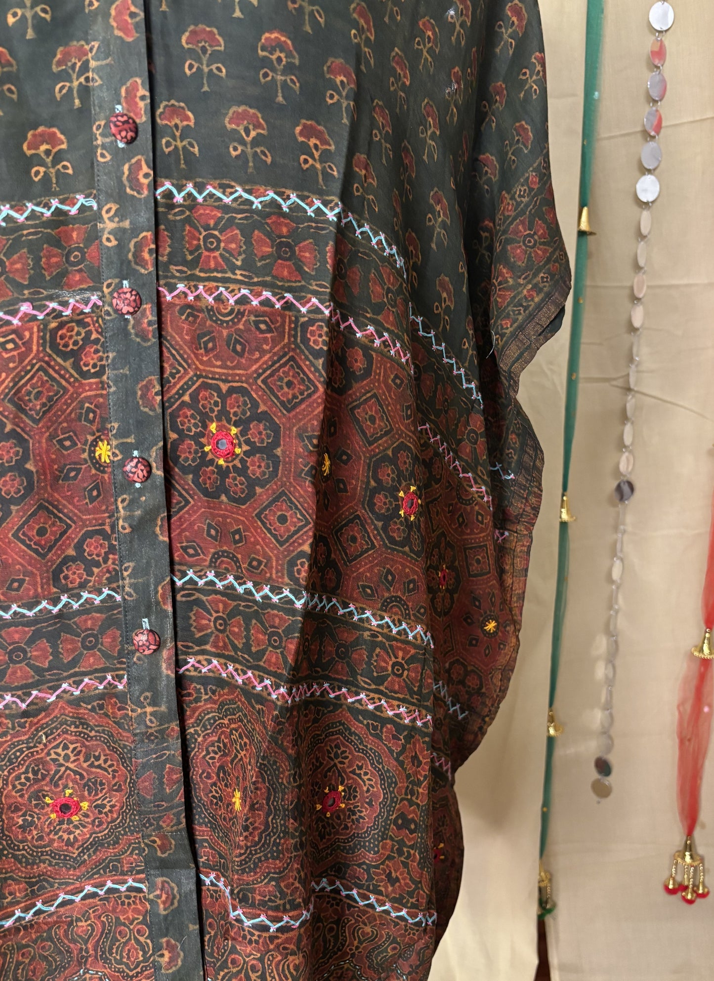 Green Ajrakh Chanderi Shirt Kaftan with Hand Embroidery