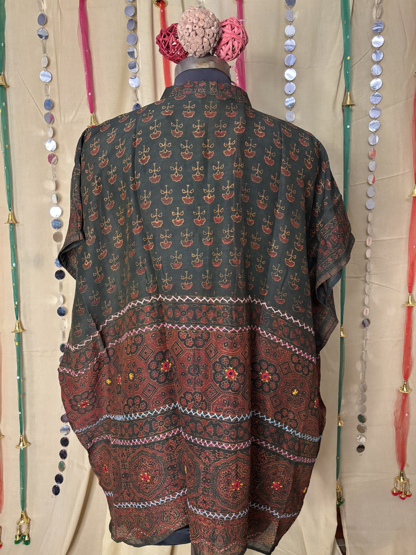 Green Ajrakh Chanderi Shirt Kaftan with Hand Embroidery