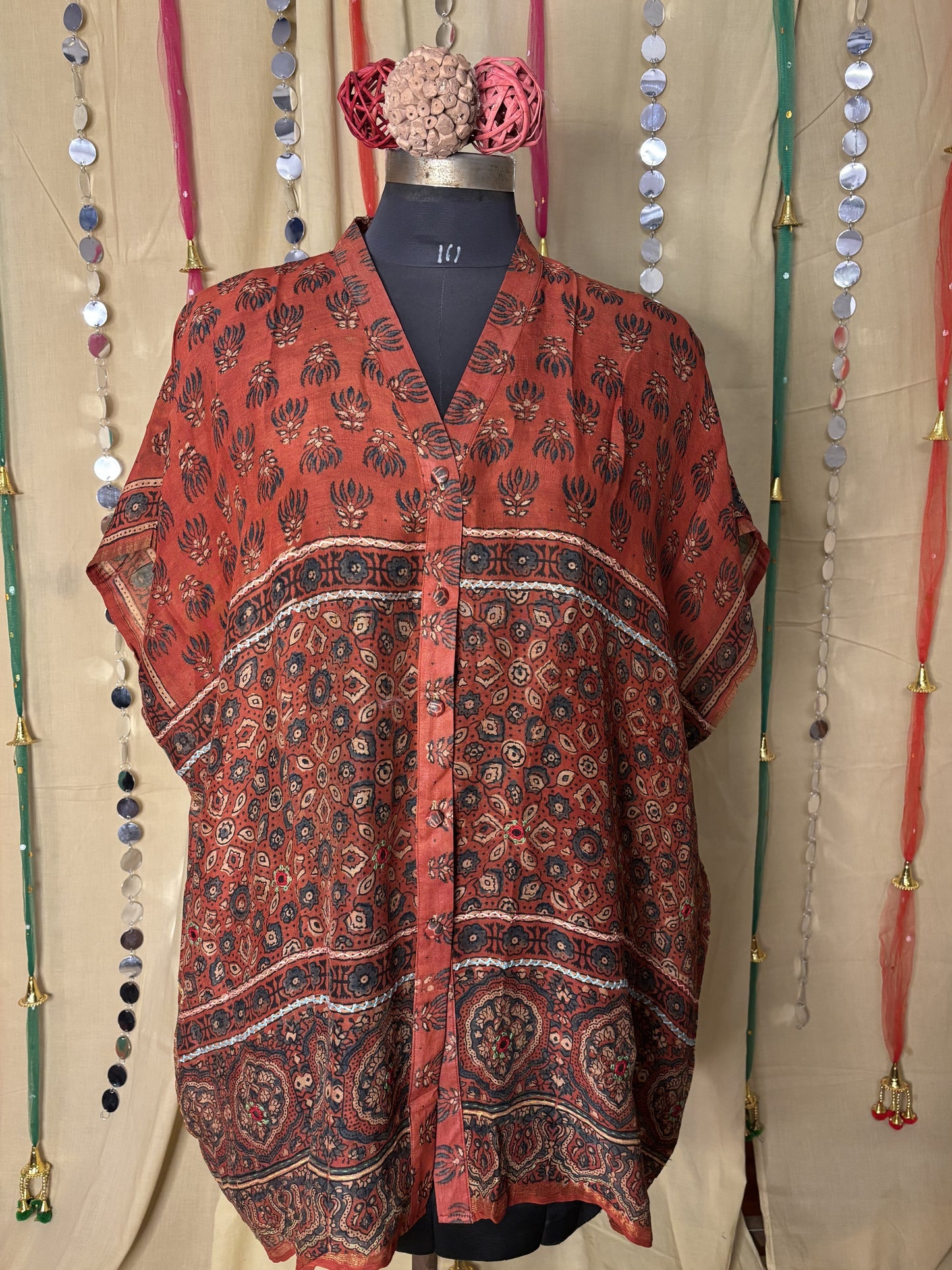 Red Ajrakh Chanderi Shirt Kaftan with Hand Embroidery