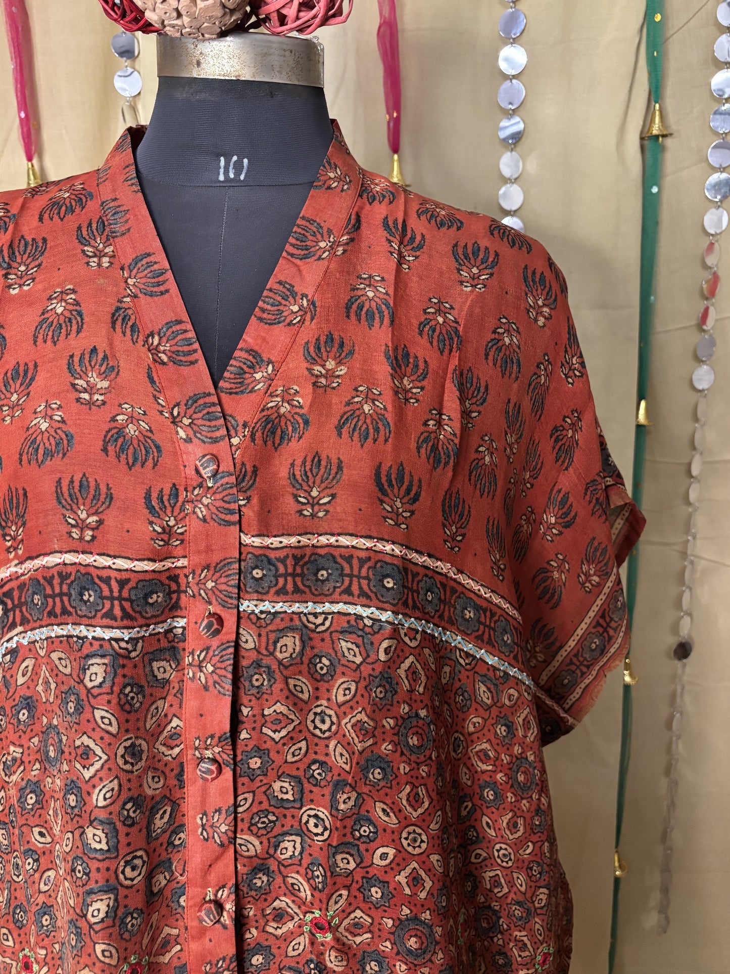 Red Ajrakh Chanderi Shirt Kaftan with Hand Embroidery