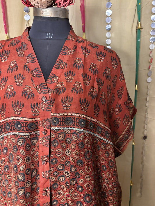 Red Ajrakh Chanderi Shirt Kaftan with Hand Embroidery
