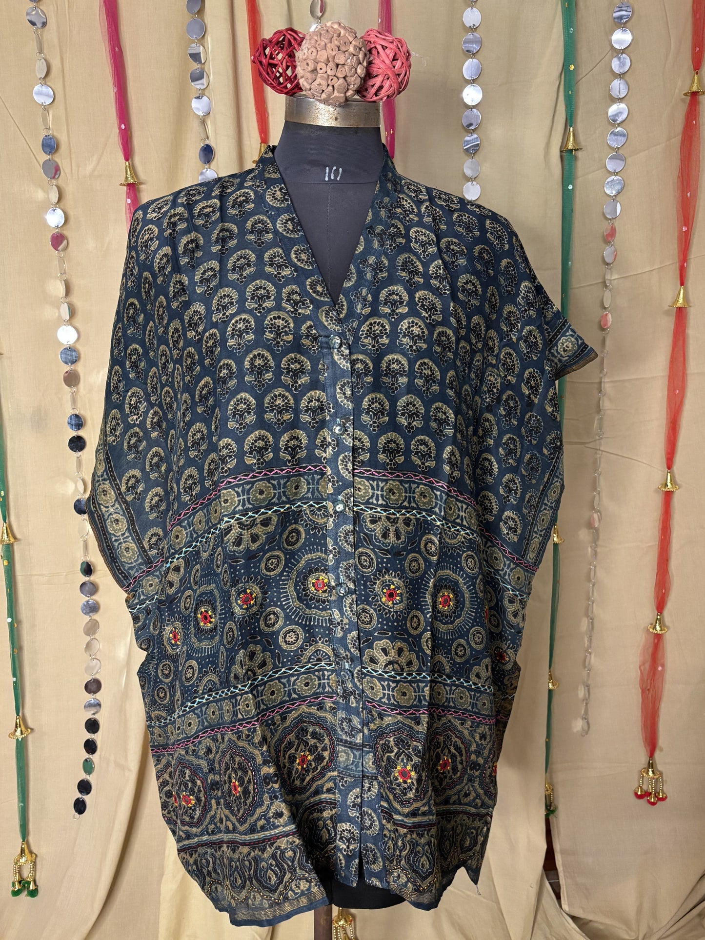 Indigo Green Ajrakh Chanderi Shirt Kaftan with Hand Embroidery