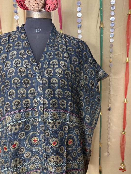 Indigo Green Ajrakh Chanderi Shirt Kaftan with Hand Embroidery