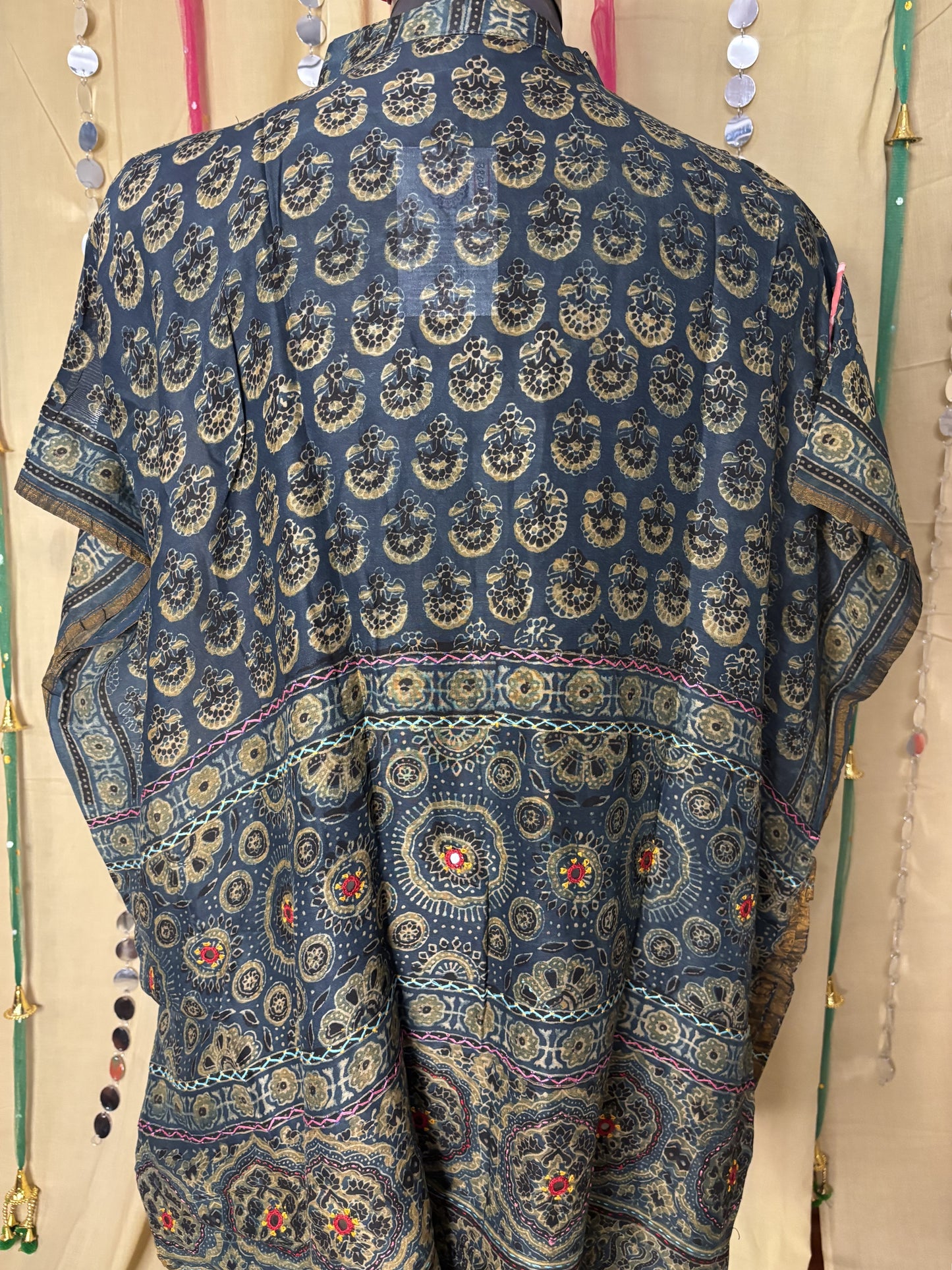 Indigo Green Ajrakh Chanderi Shirt Kaftan with Hand Embroidery