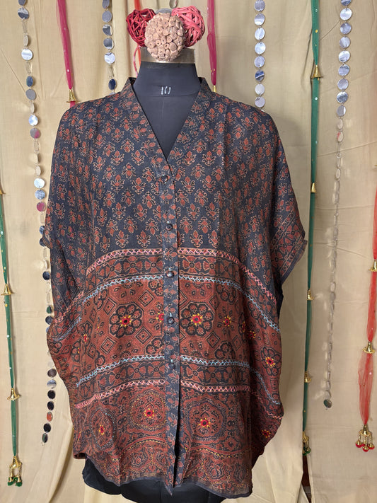 Indigo Red Ajrakh Chanderi Shirt Kaftan with Hand Embroidery