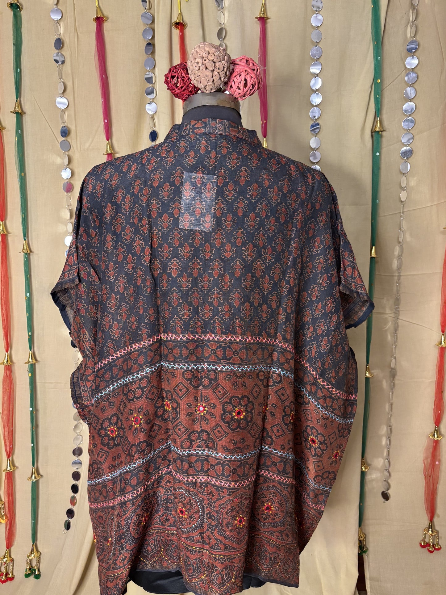 Indigo Red Ajrakh Chanderi Shirt Kaftan with Hand Embroidery