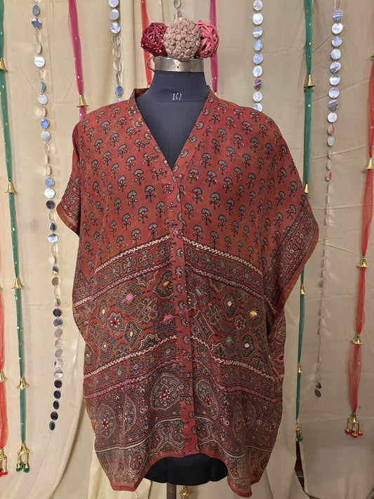 Red Ajrakh Chanderi Shirt Kaftan with Hand Embroidery