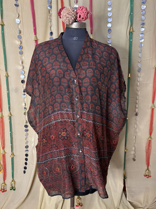 Indigo Red Ajrakh Chanderi Shirt Kaftan with Hand Embroidery