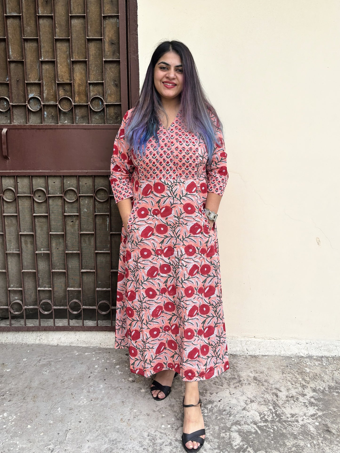 Saroj Hand Block Printed A Line Maxi Patch Dress