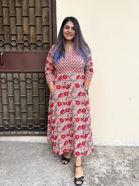 Saroj Hand Block Printed A Line Maxi Patch Dress