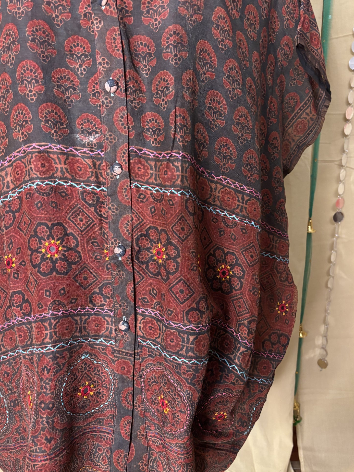Indigo Red Ajrakh Chanderi Shirt Kaftan with Hand Embroidery