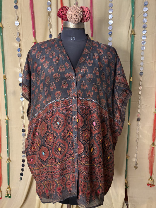 Indigo Red Ajrakh Chanderi Shirt Kaftan with Hand Embroidery