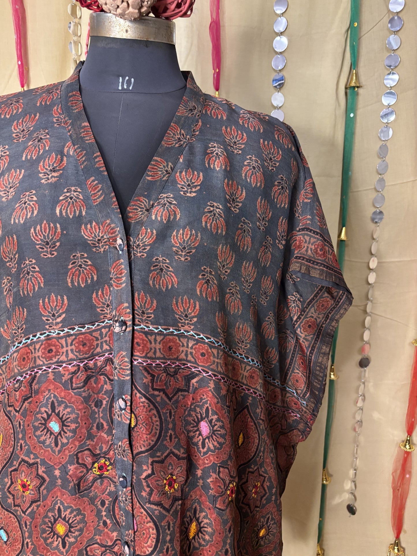 Indigo Red Ajrakh Chanderi Shirt Kaftan with Hand Embroidery