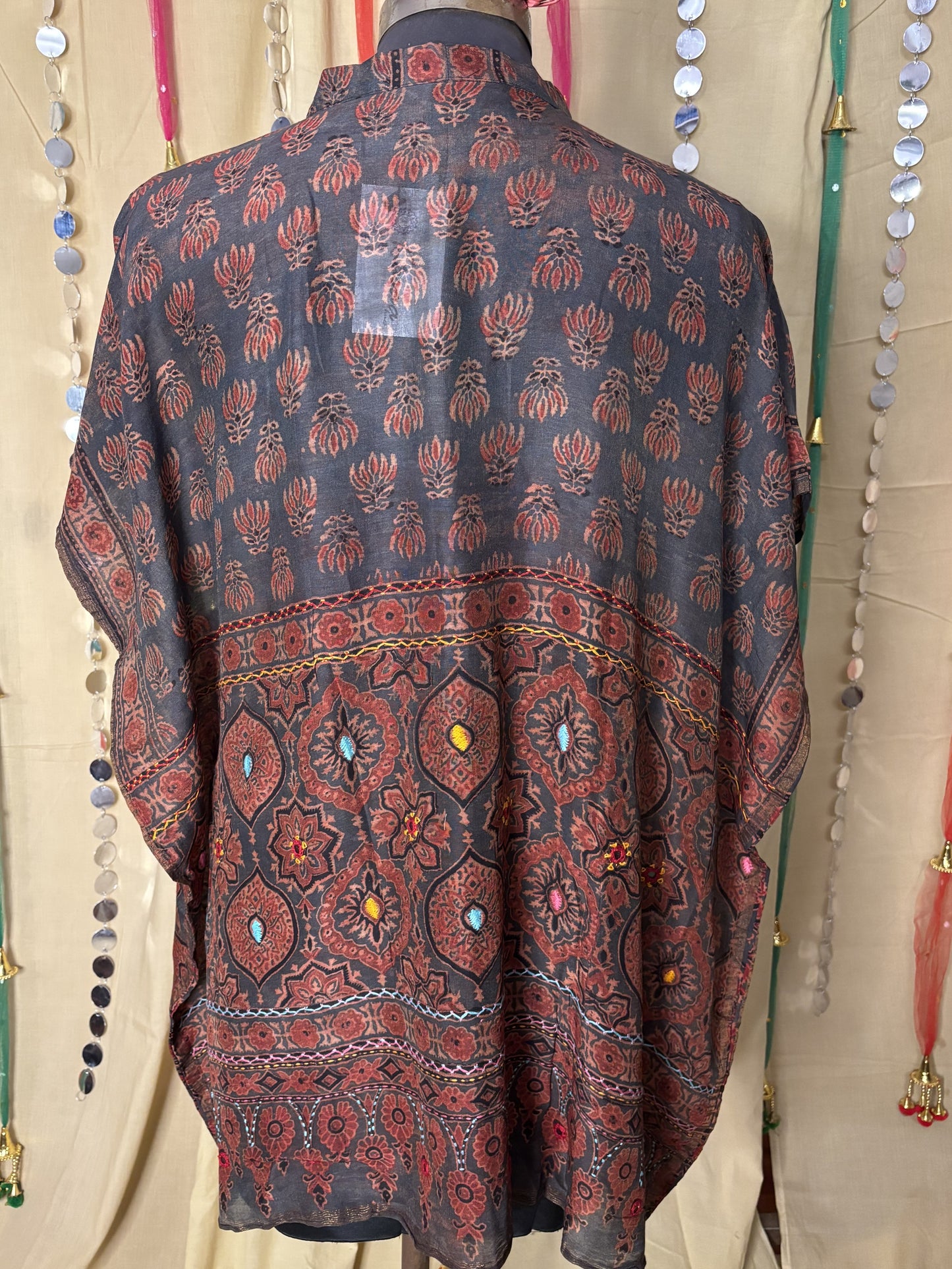Indigo Red Ajrakh Chanderi Shirt Kaftan with Hand Embroidery