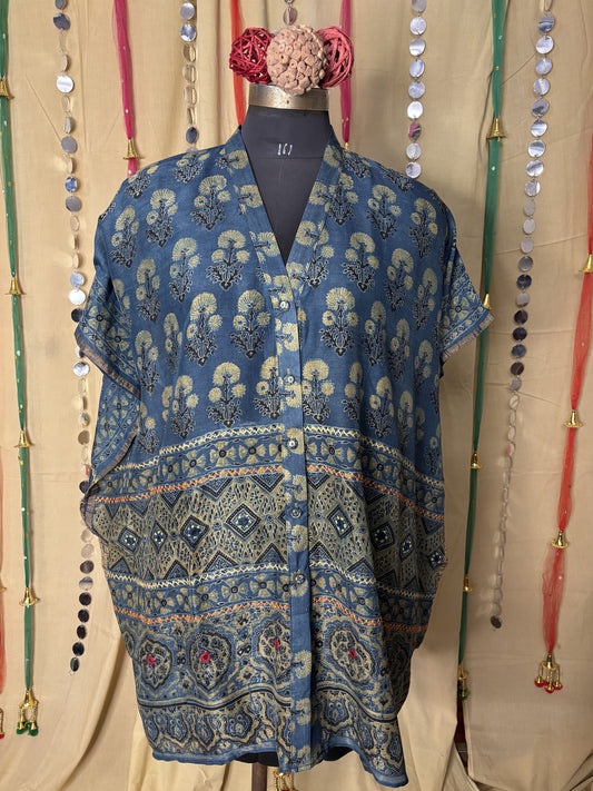Indigo Green Ajrakh Chanderi Shirt Kaftan with Hand Embroidery