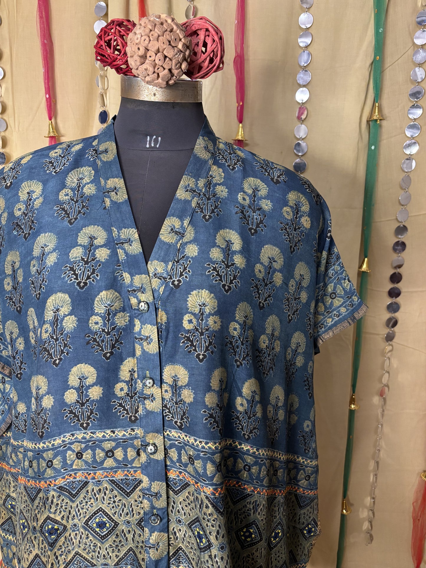 Indigo Green Ajrakh Chanderi Shirt Kaftan with Hand Embroidery