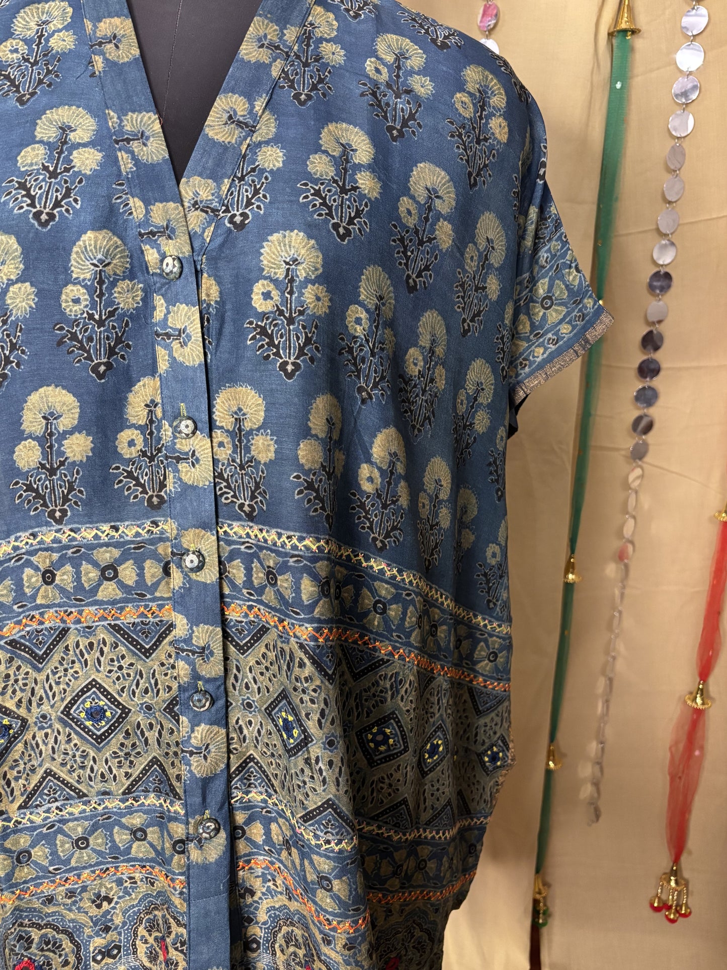 Indigo Green Ajrakh Chanderi Shirt Kaftan with Hand Embroidery