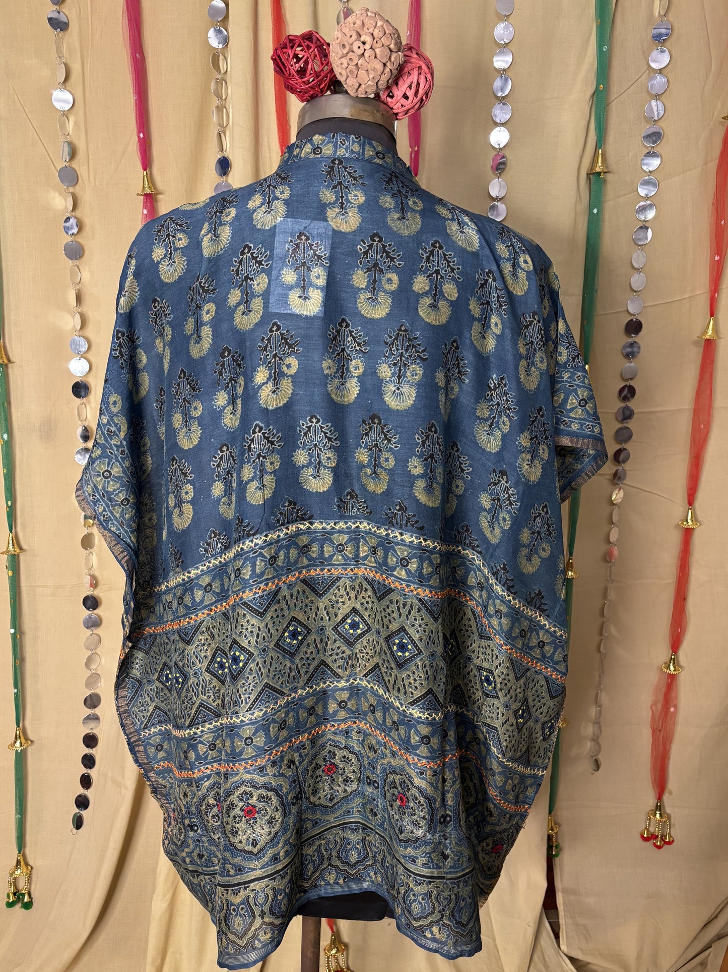 Indigo Green Ajrakh Chanderi Shirt Kaftan with Hand Embroidery
