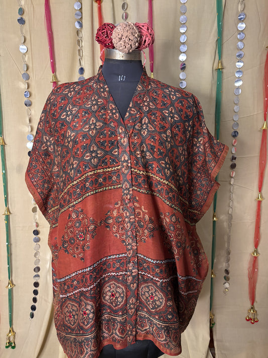 Red Ajrakh Chanderi Shirt Kaftan with Hand Embroidery
