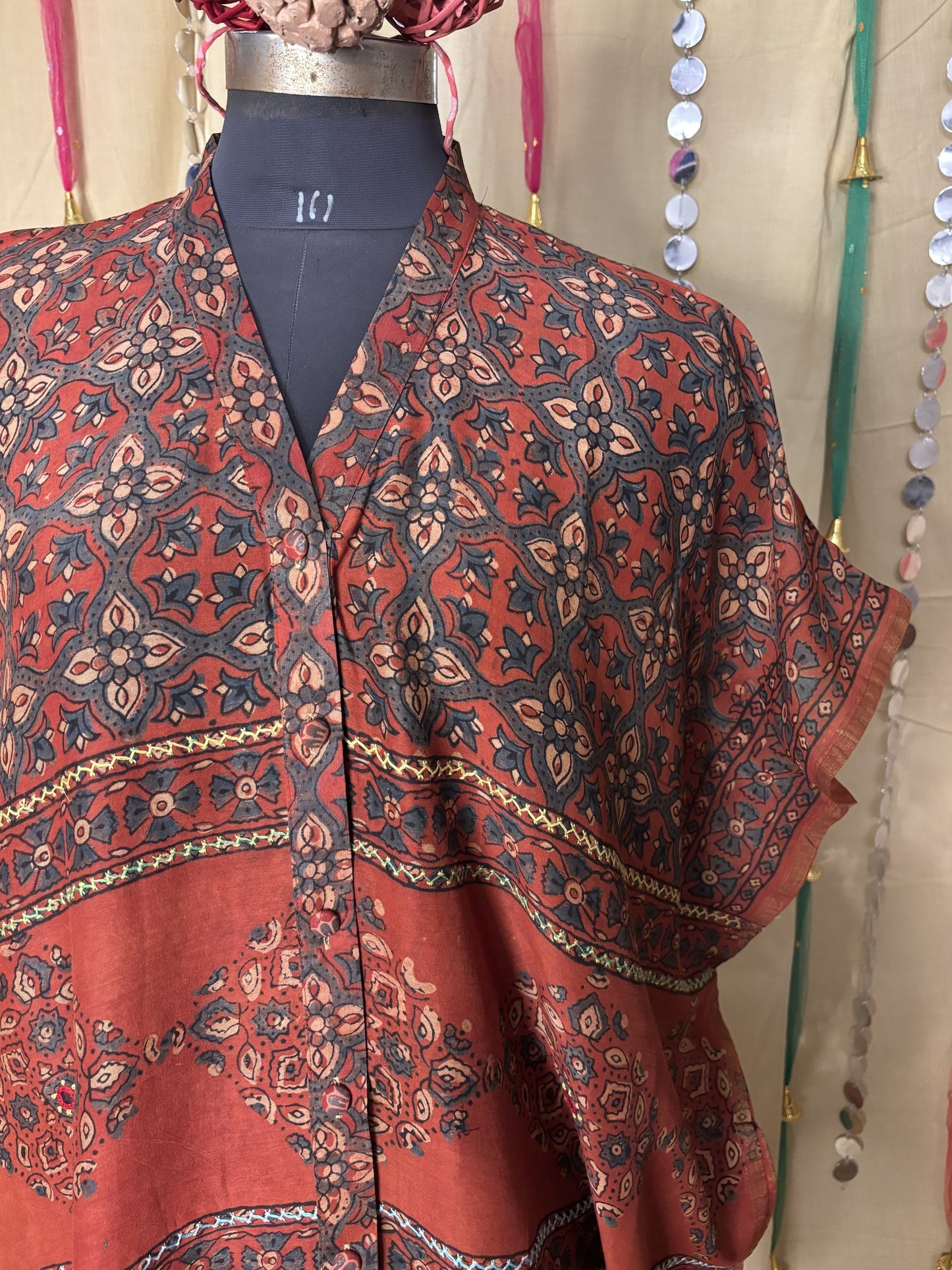 Red Ajrakh Chanderi Shirt Kaftan with Hand Embroidery