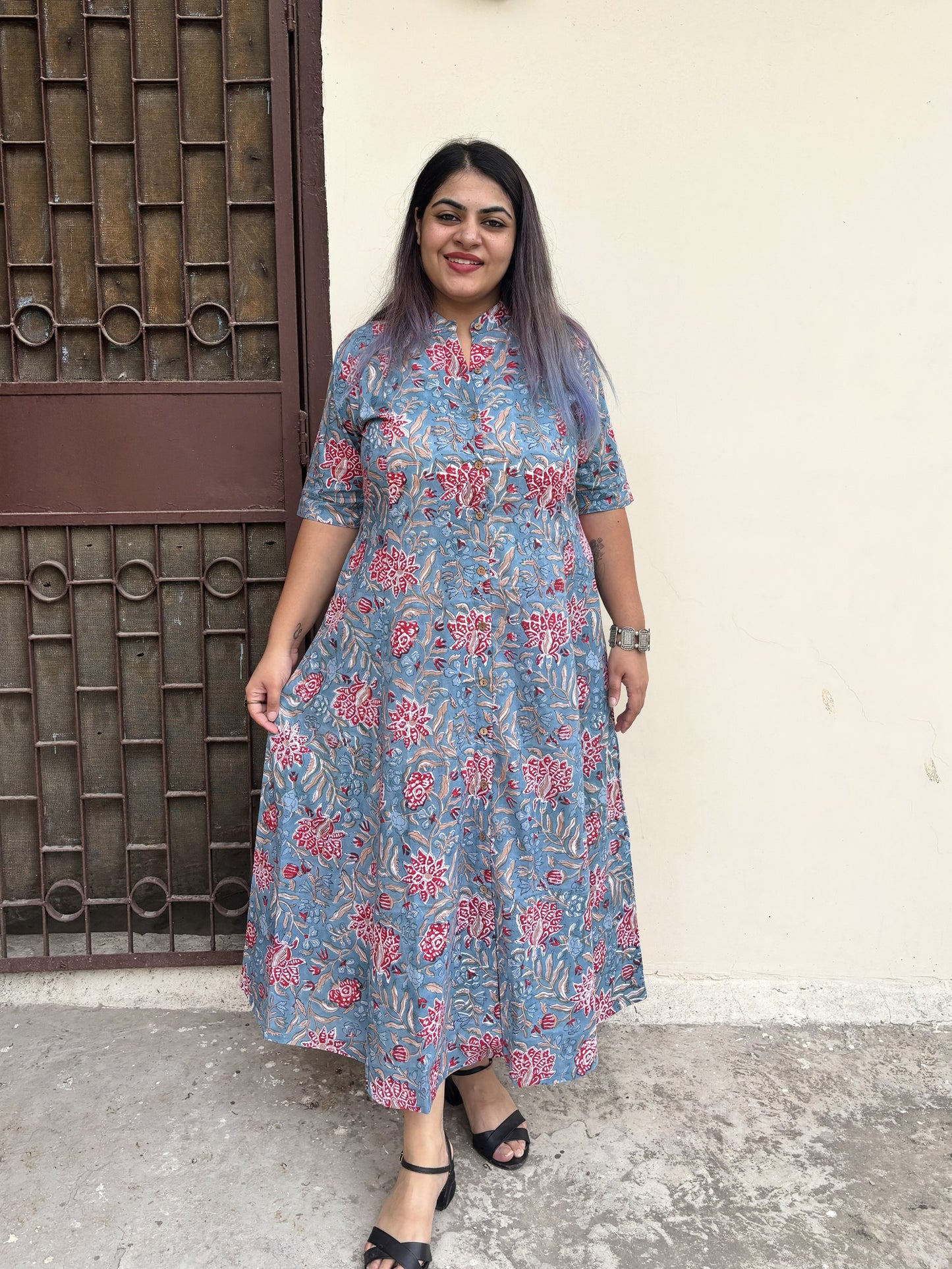 Wildflower Hand Block printed A Line Maxi Shirt Dress