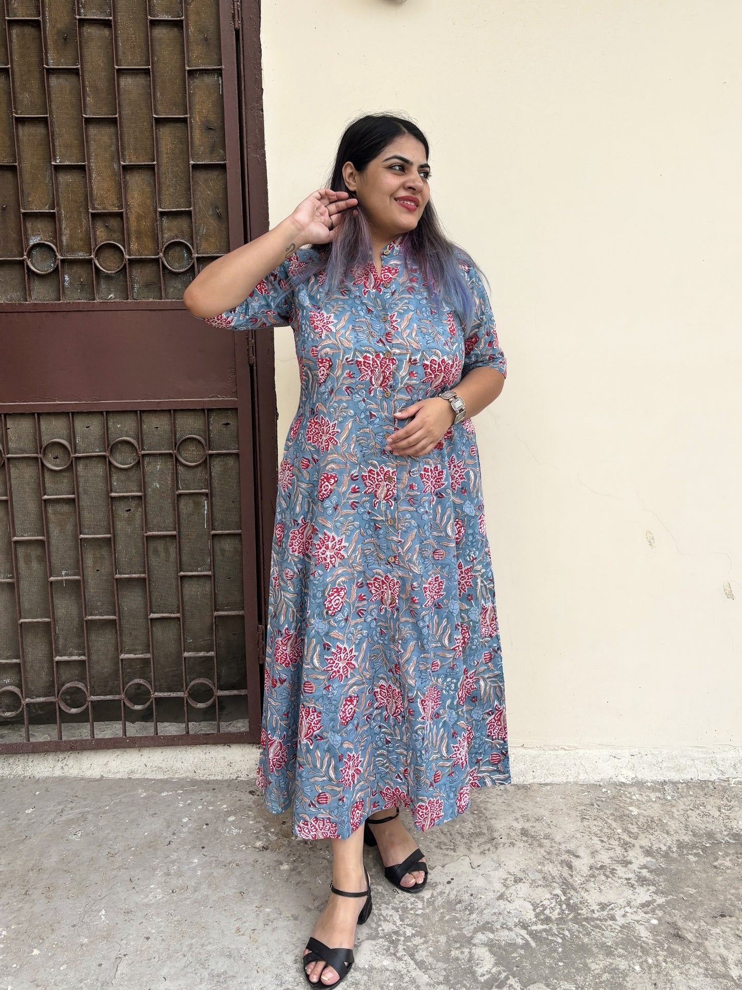 Wildflower Hand Block printed A Line Maxi Shirt Dress
