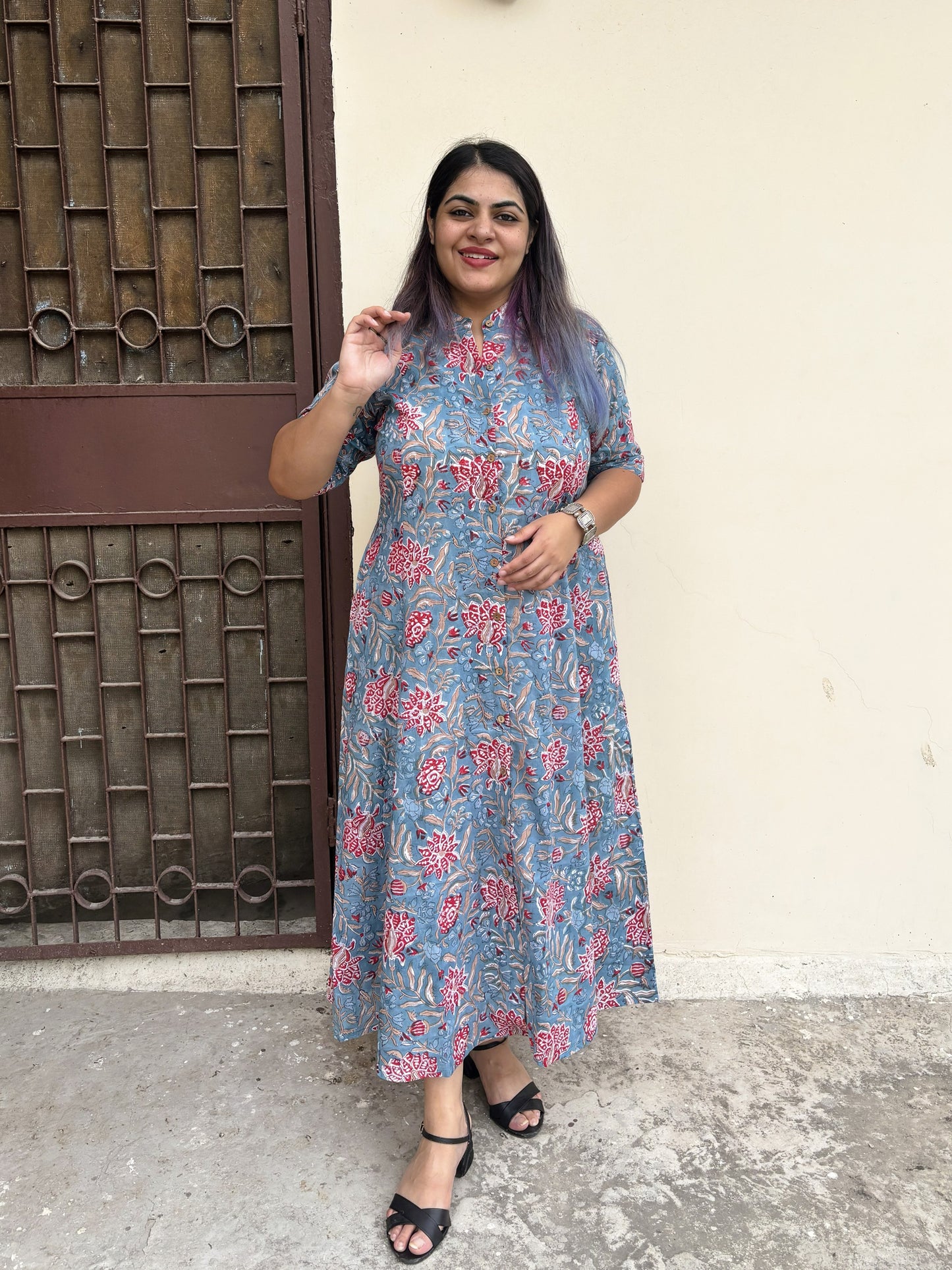 Wildflower Hand Block printed A Line Maxi Shirt Dress