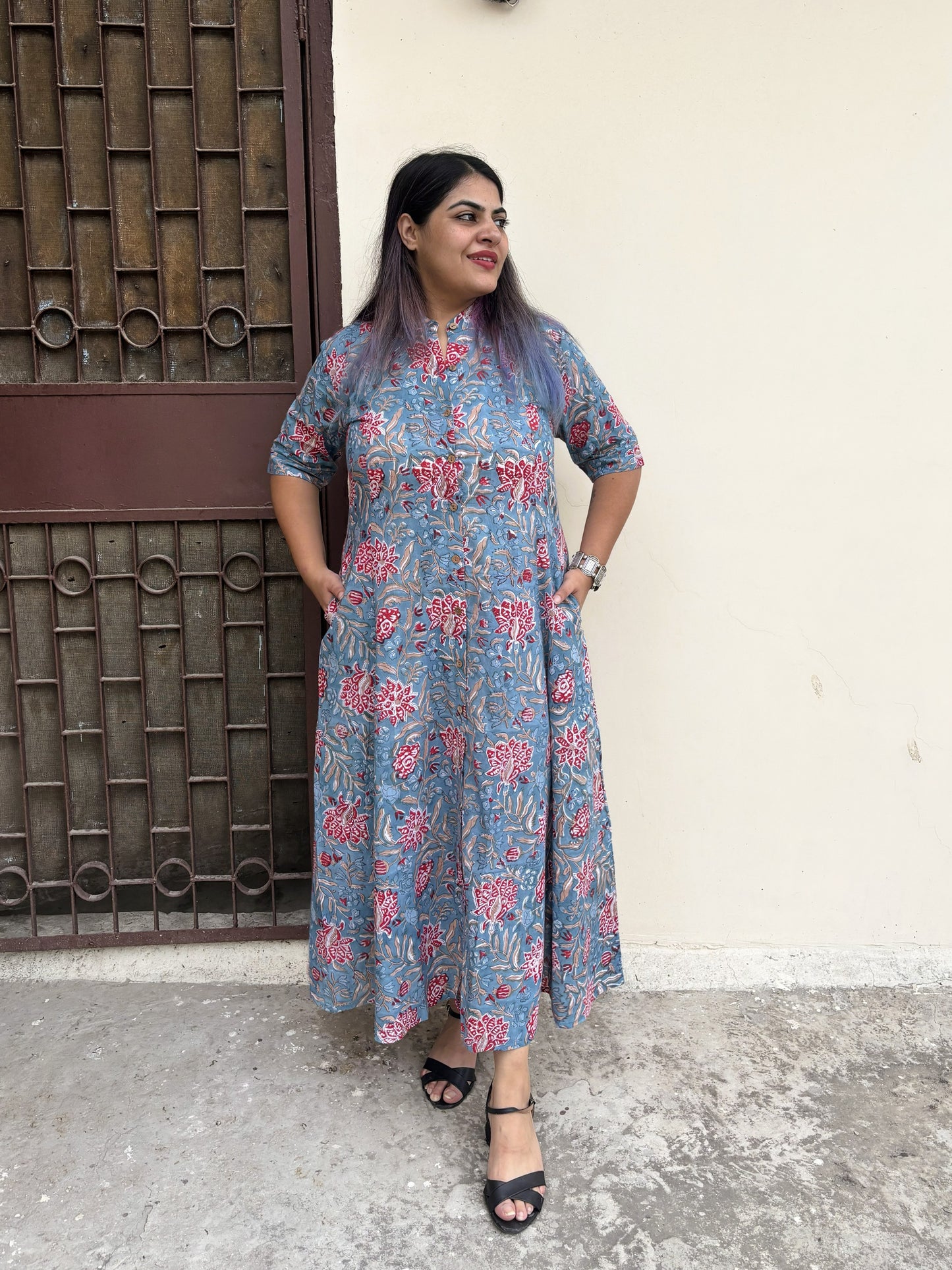 Wildflower Hand Block printed A Line Maxi Shirt Dress