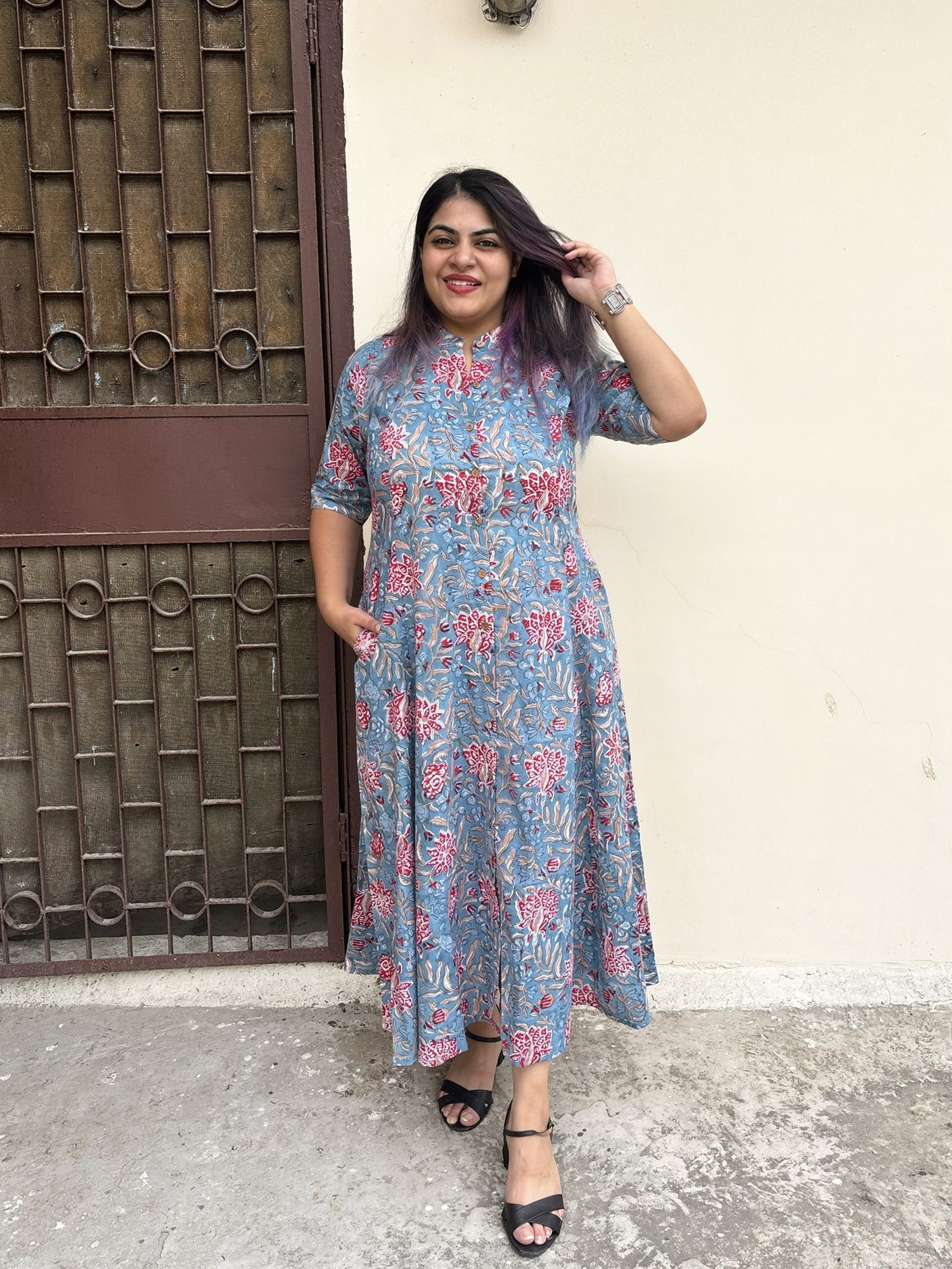 Wildflower Hand Block printed A Line Maxi Shirt Dress
