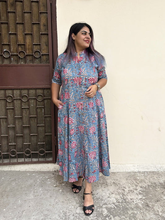 Wildflower Hand Block printed A Line Maxi Shirt Dress