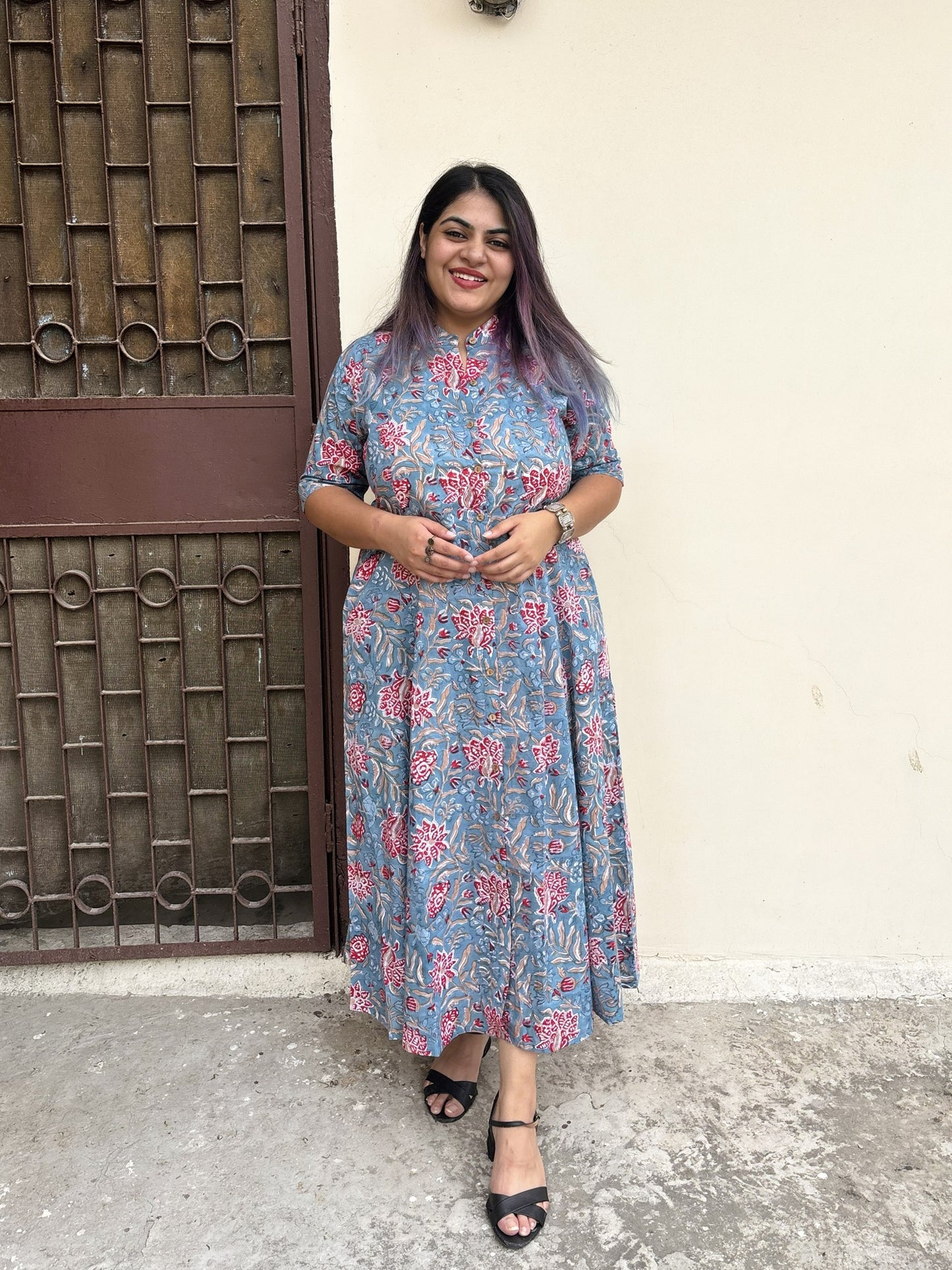 Wildflower Hand Block printed A Line Maxi Shirt Dress