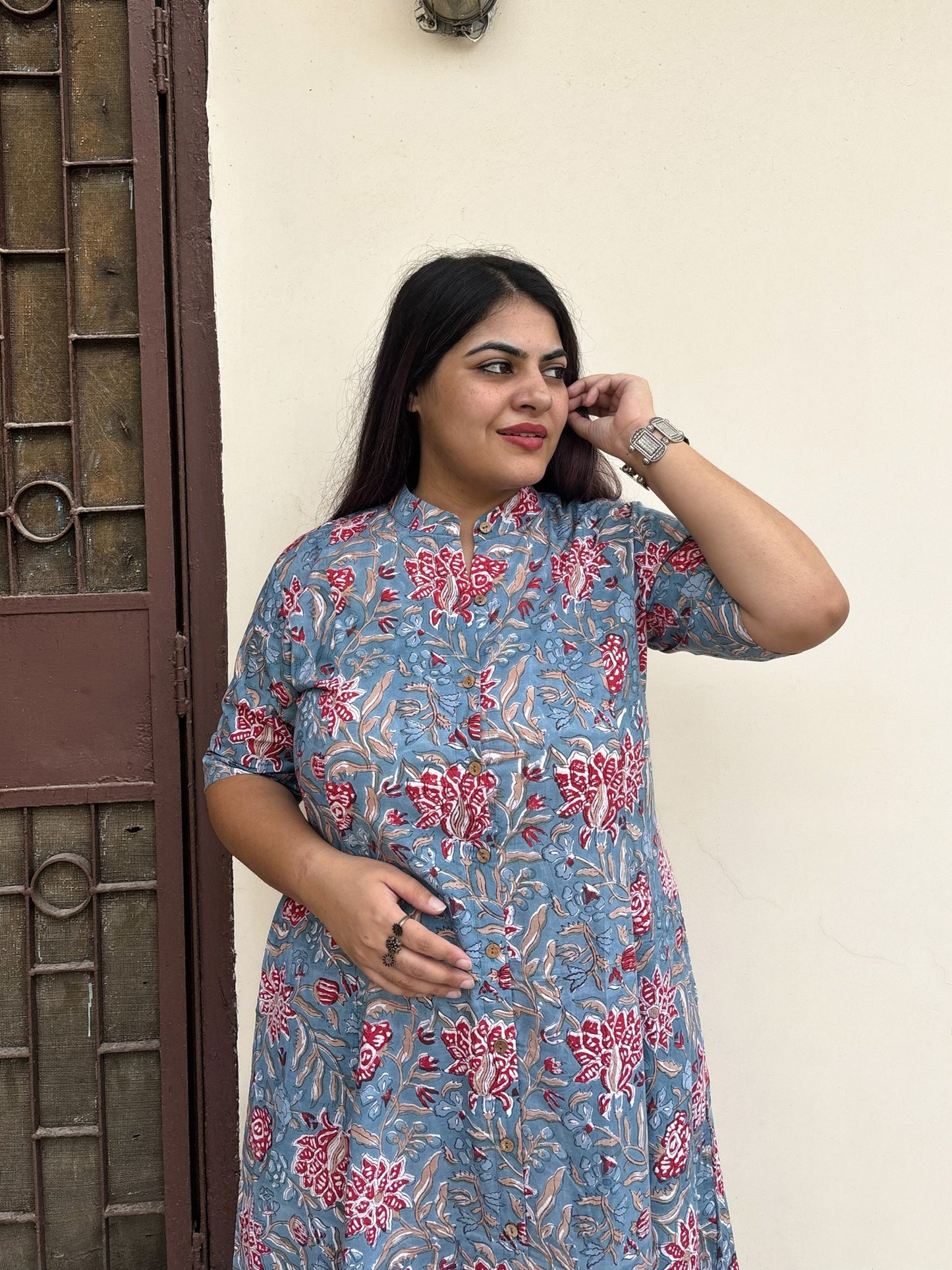 Wildflower Hand Block printed A Line Maxi Shirt Dress