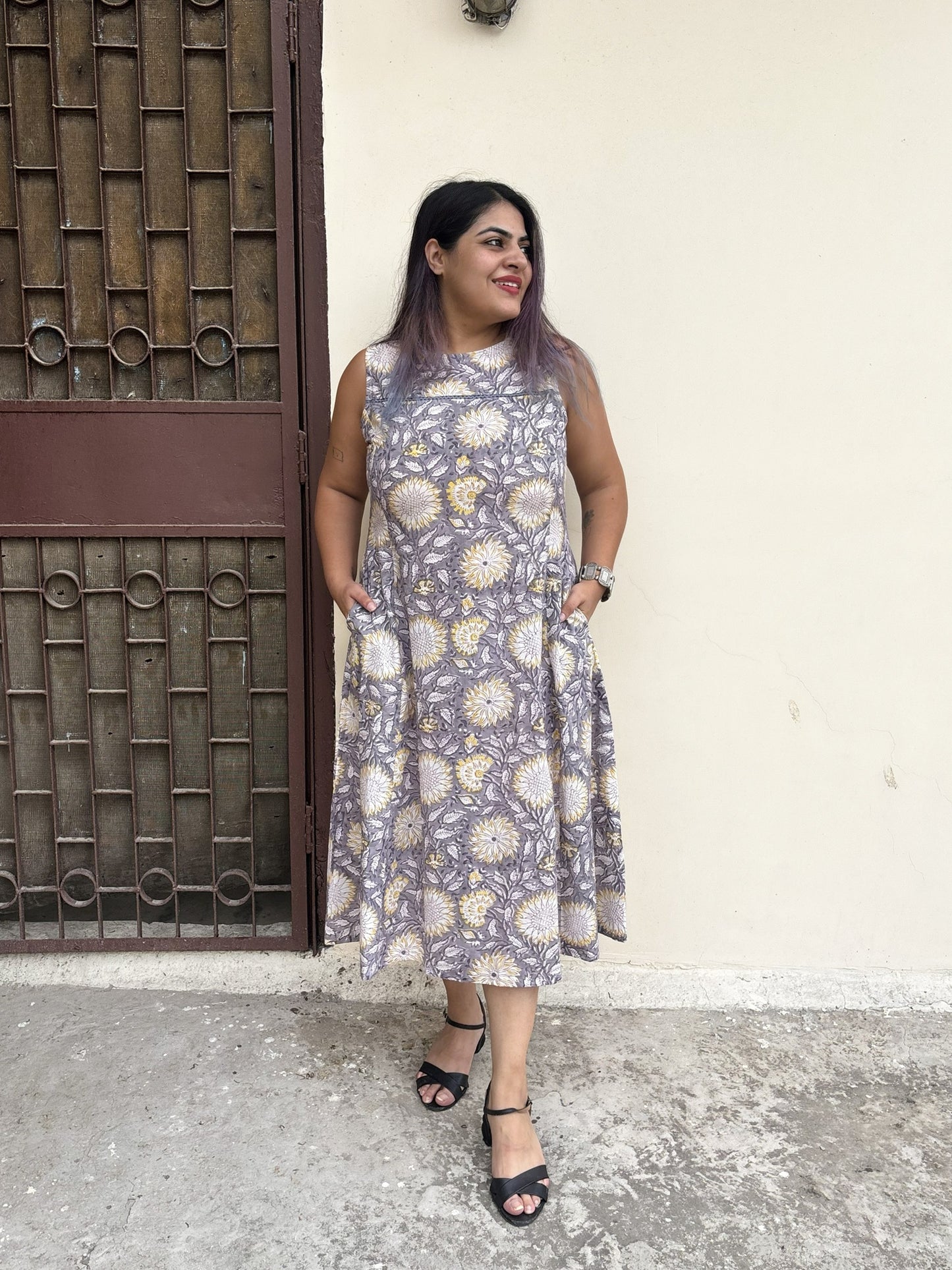 Sunflower Haze Hand Block Printed Midi Dress with Lace Detailing