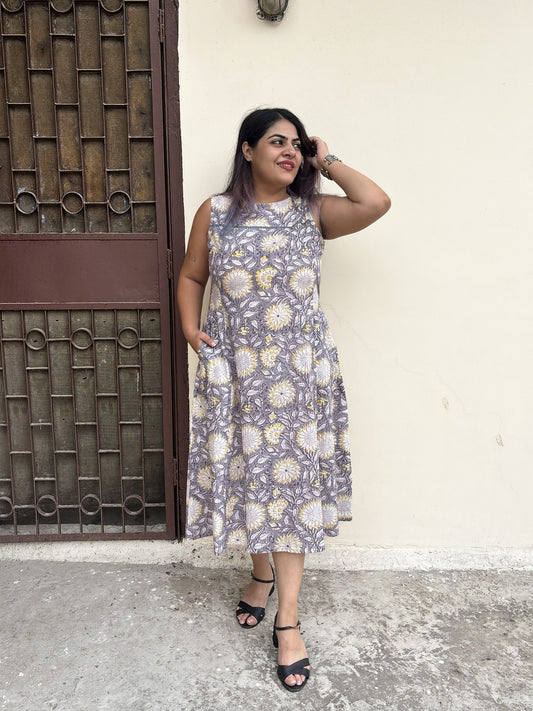 Sunflower Haze Hand Block Printed Midi Dress with Lace Detailing